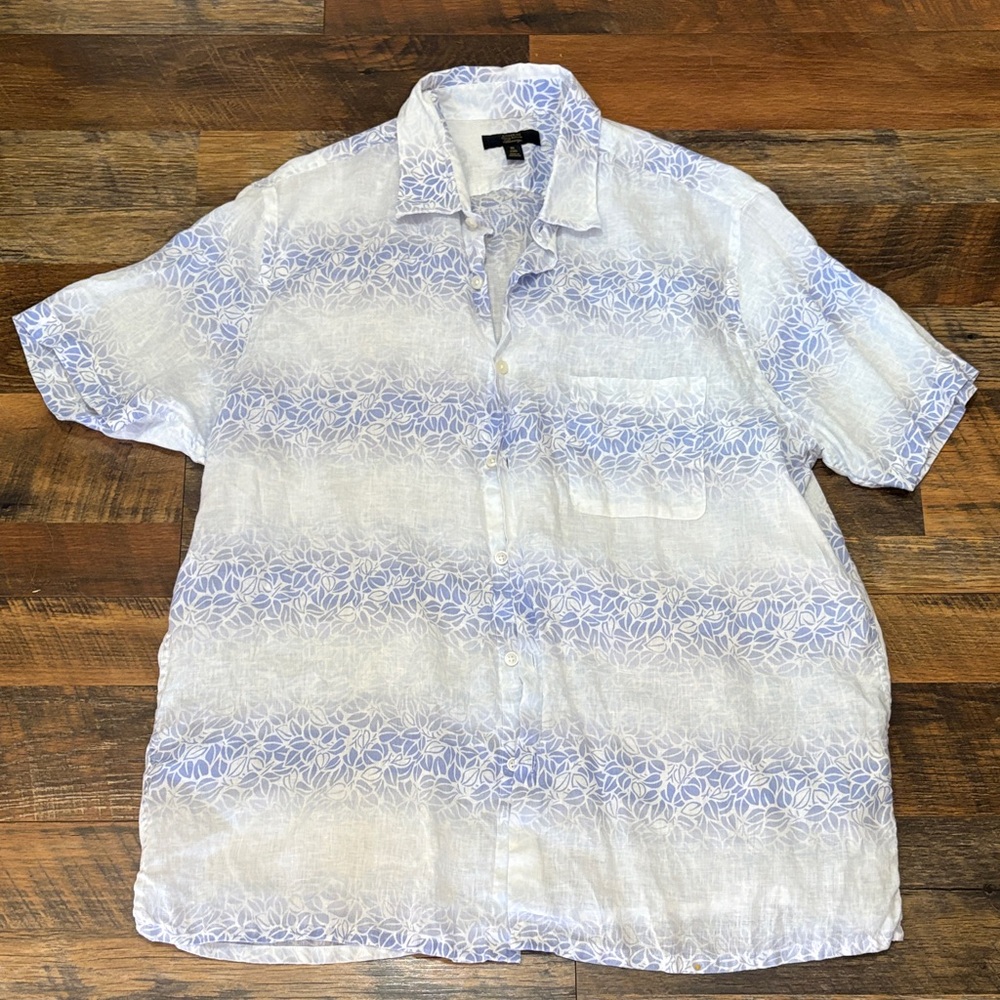 Club Room Blue and White Patterned Button Down Linen Top